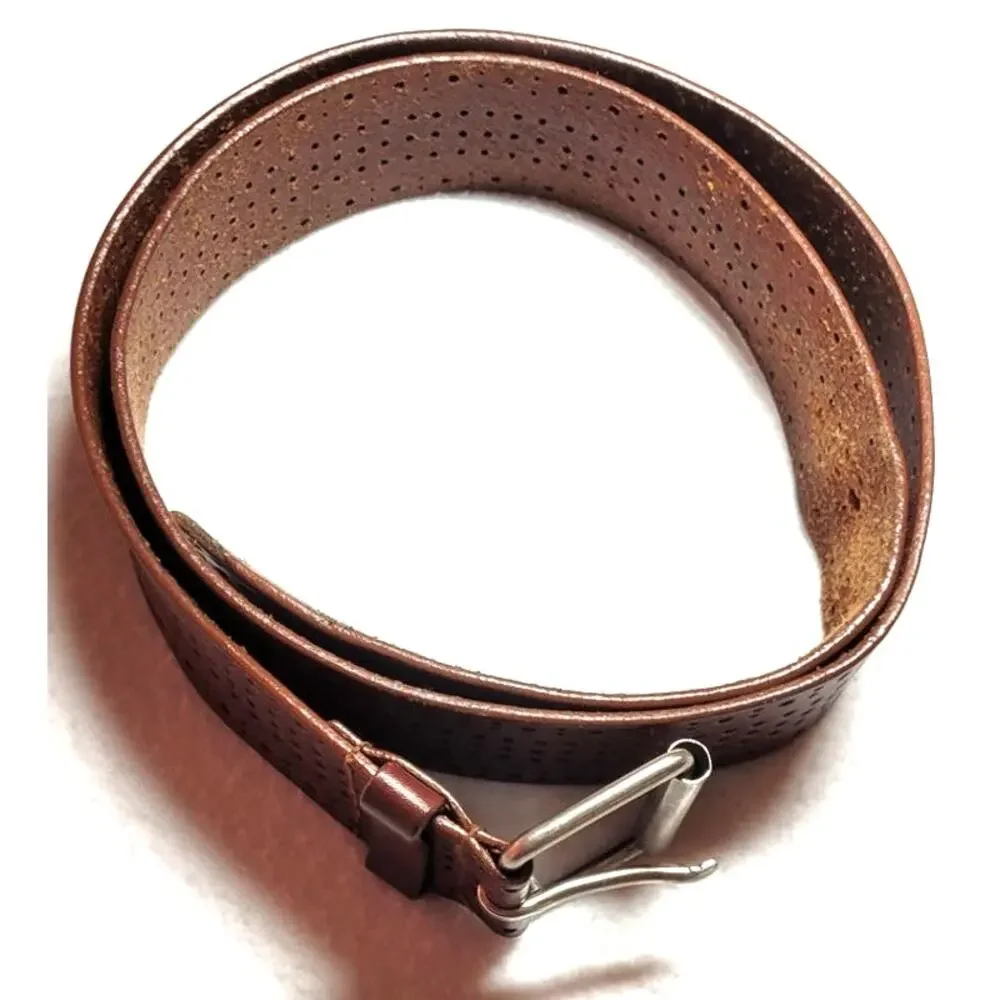 Guess Mens Brown Punched Wide Leather Belt Sz 40 Western Silvertone Buckle